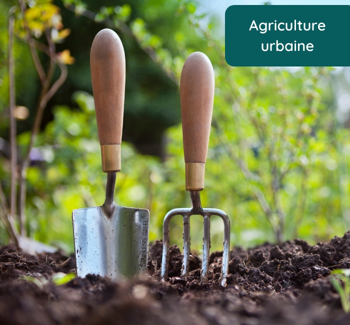Agriculture urbaine. Deux outils de jardinage plantés dans de la terre. Verdure en arrière-plan.