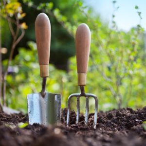 Deux outils de jardinage plantés dans de la terre. Verdure en arrière-plan.